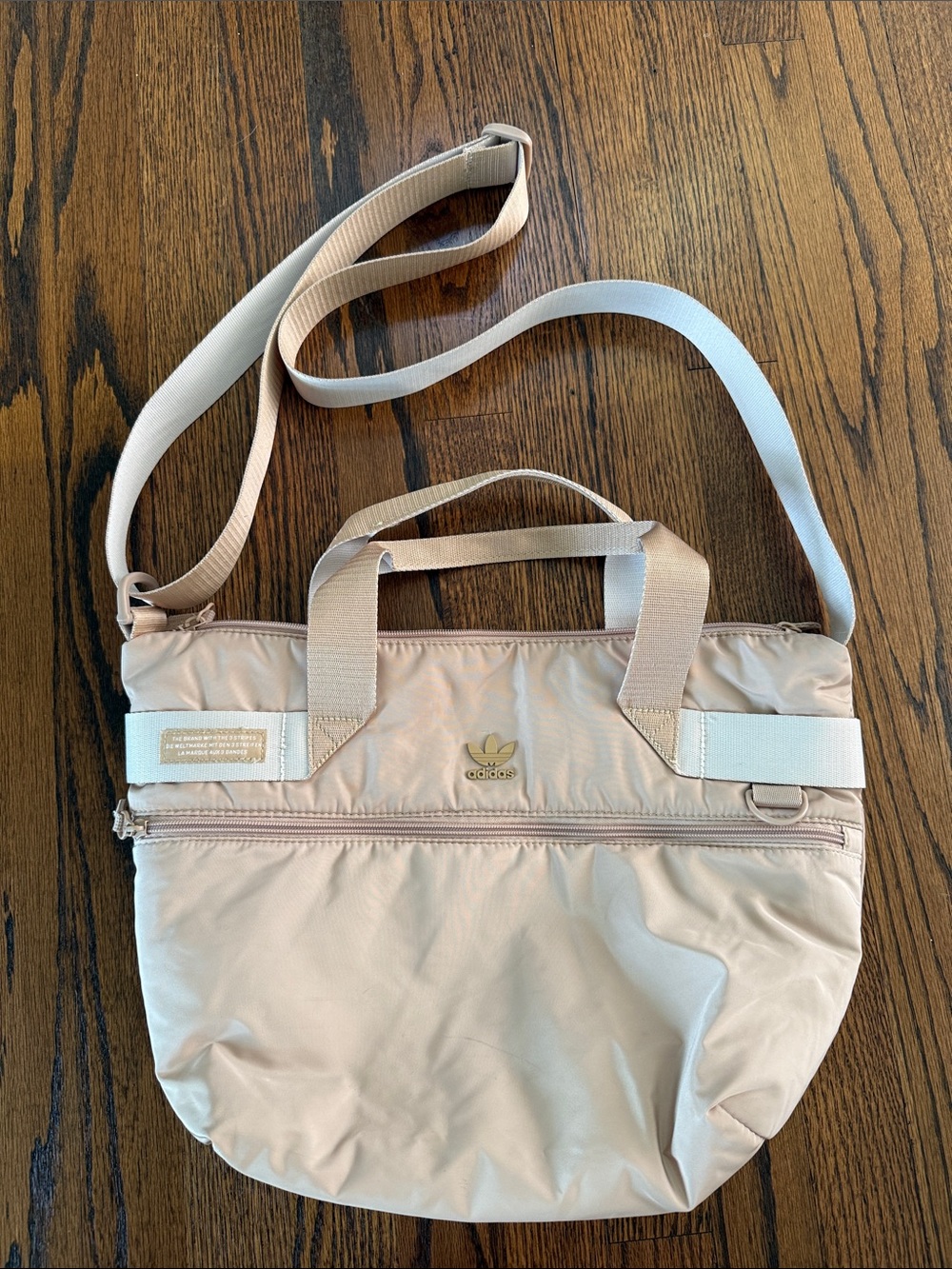 adidas Pale Tan Cream Nylon Crossbody Tote with Top Handles